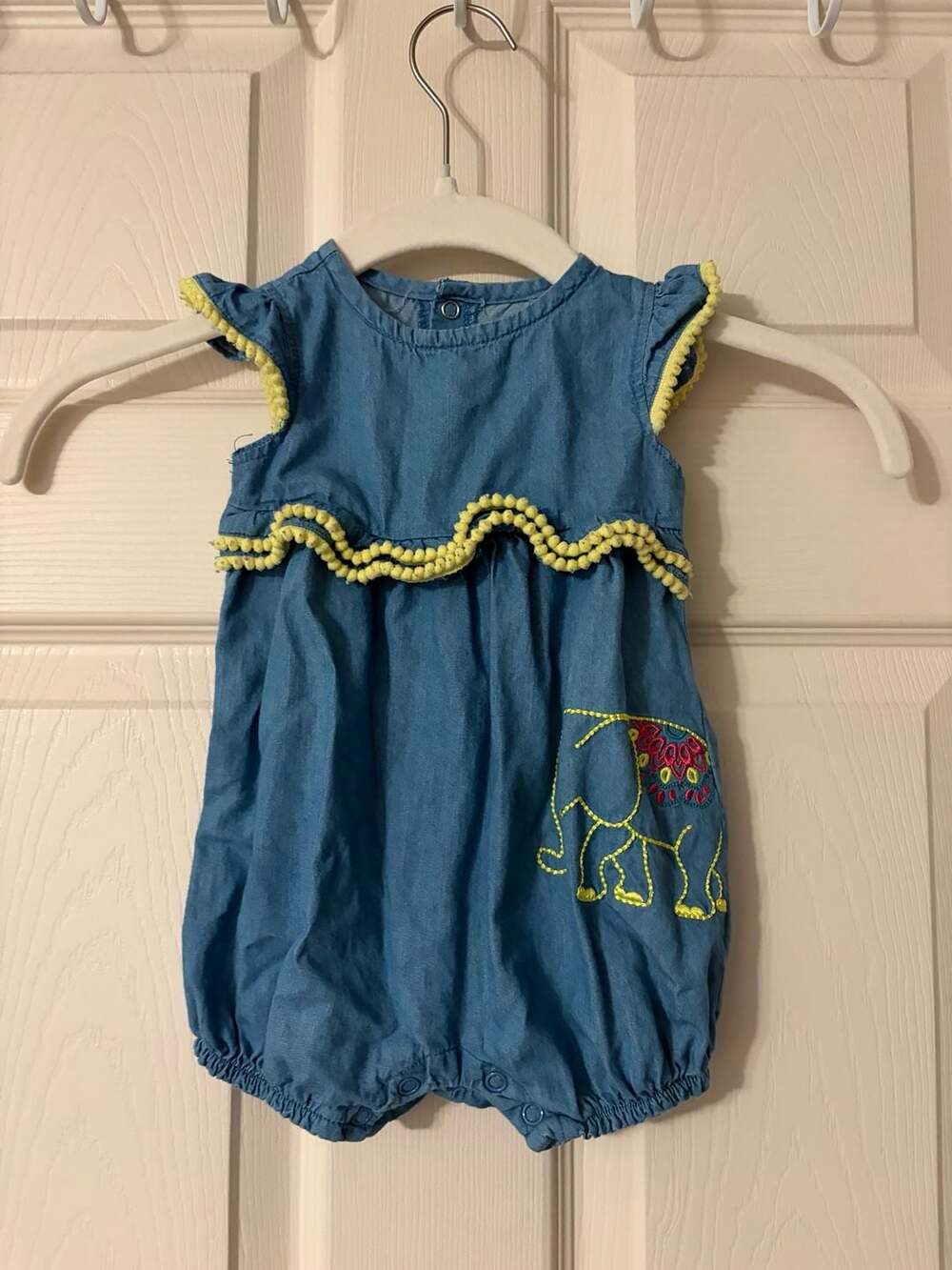 Crown & Ivy Baby Girl Chambray Bubble Romper- Elephant Embroidery Yellow Pom-Pom